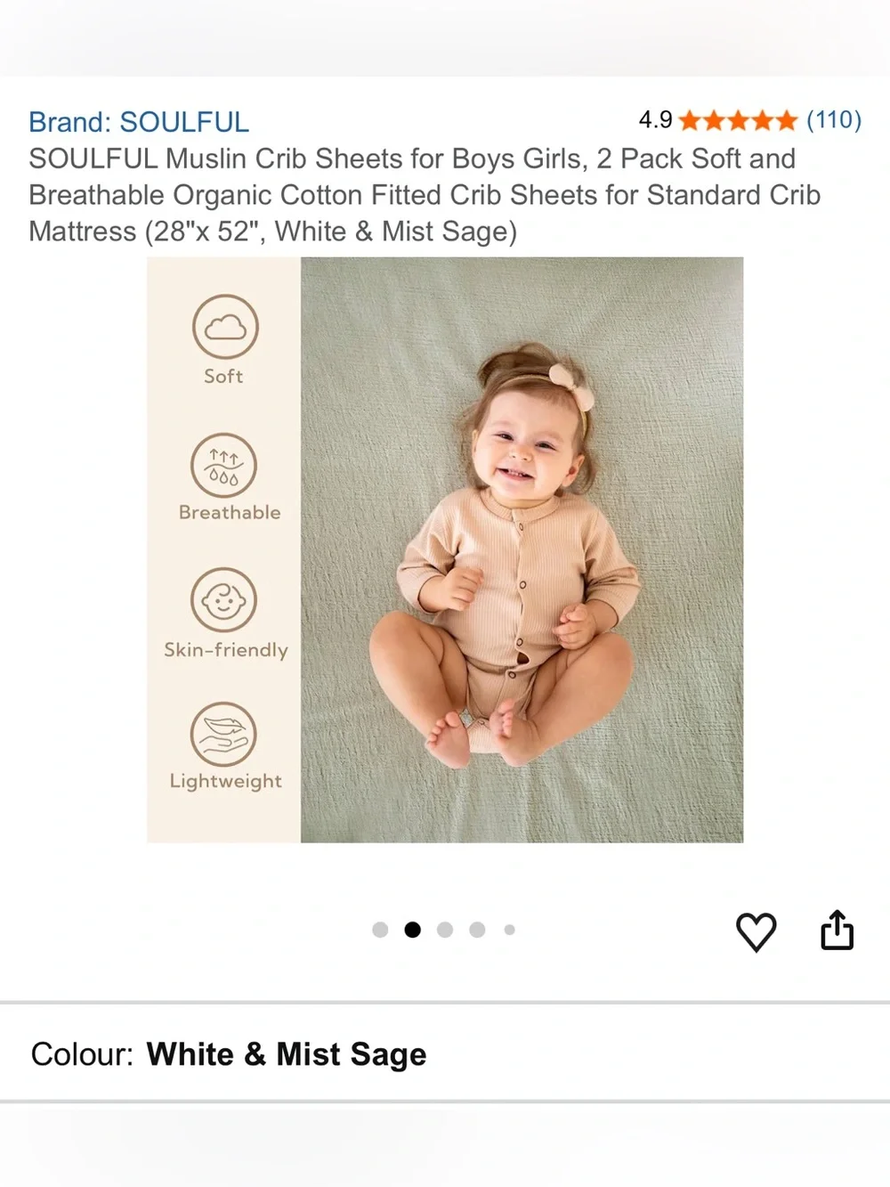 White & sage Muslin Crib Sheets - 2 Pack